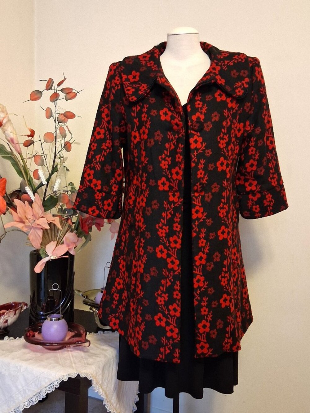 Elegant Floral Pea Coat Lined 100% Cotton Trench Coat Warm Peacoat Outerwear XL